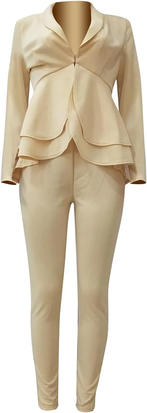 Women's Two Piece Outfits Sets Long Sleeve Deep V Neck Ruffle Pelplum Blazer Slim Fit Bocycon Long Pants Business Suit Set