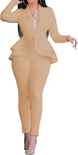 Women's Two Piece Outfits Sets Long Sleeve Deep V Neck Ruffle Pelplum Blazer Slim Fit Bocycon Long Pants Business Suit Set