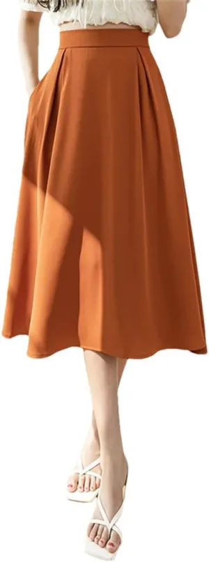 Women's Vintage Midi Length Skirts Elegant High Waist Office Solid Color A-Line Skirts