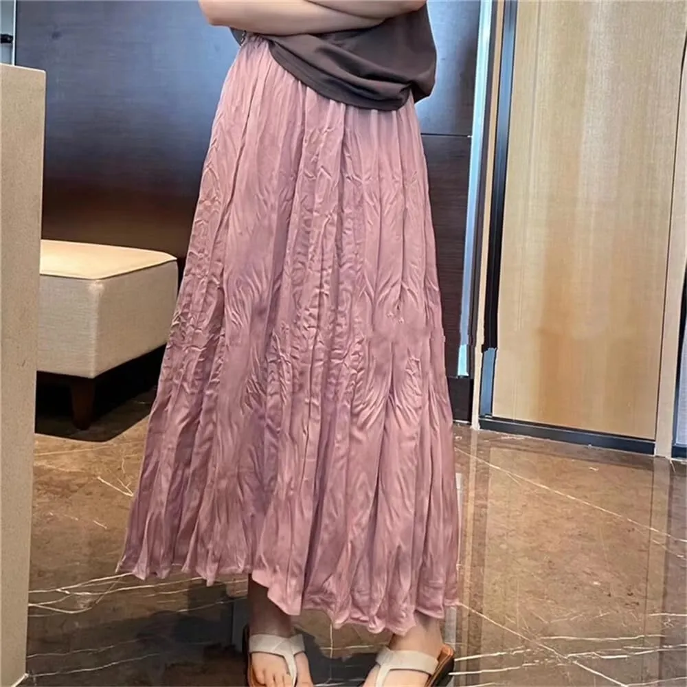 Women's Vintage Solid Pleated Long Skirts Summer High Waist Casual Loose Straight A-Line Skirt