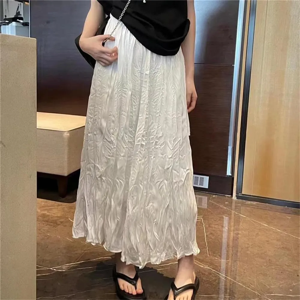 Women's Vintage Solid Pleated Long Skirts Summer High Waist Casual Loose Straight A-Line Skirt