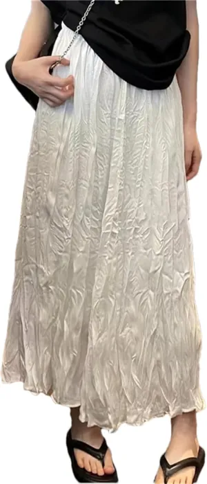 Women's Vintage Solid Pleated Long Skirts Summer High Waist Casual Loose Straight A-Line Skirt