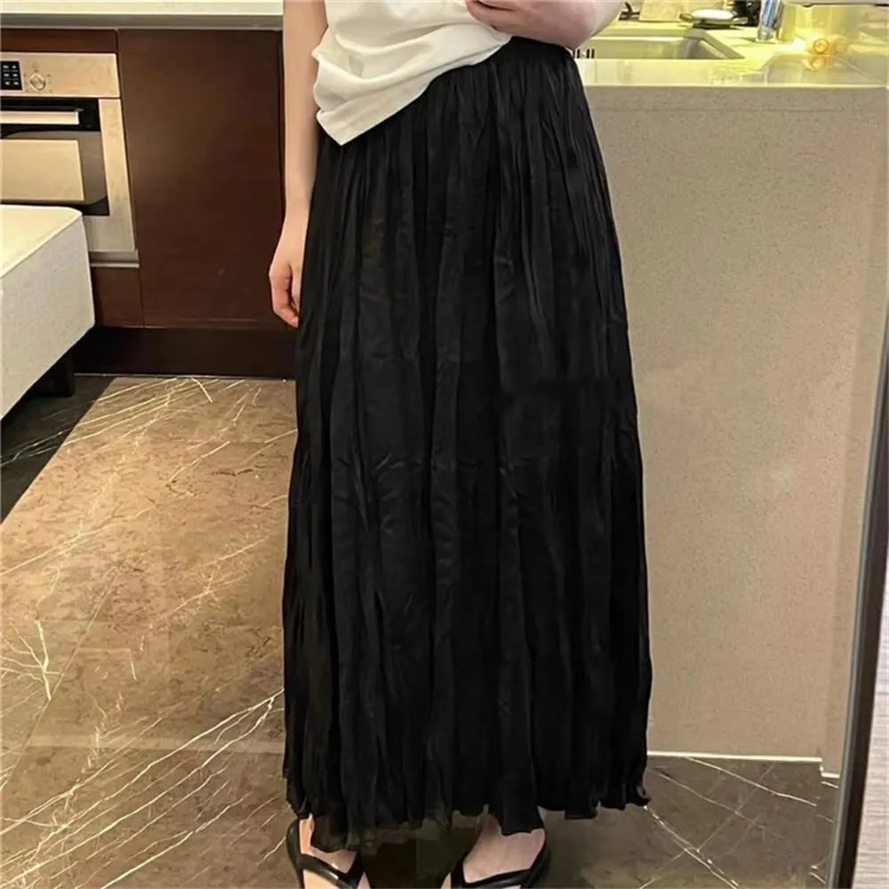 Women's Vintage Solid Pleated Long Skirts Summer High Waist Casual Loose Straight A-Line Skirt