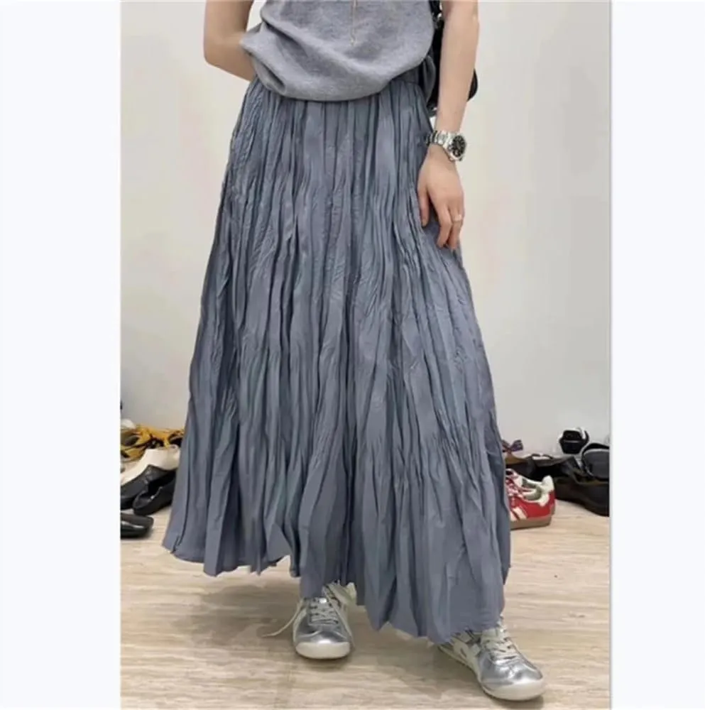 Women's Vintage Solid Pleated Long Skirts Summer High Waist Casual Loose Straight A-Line Skirt