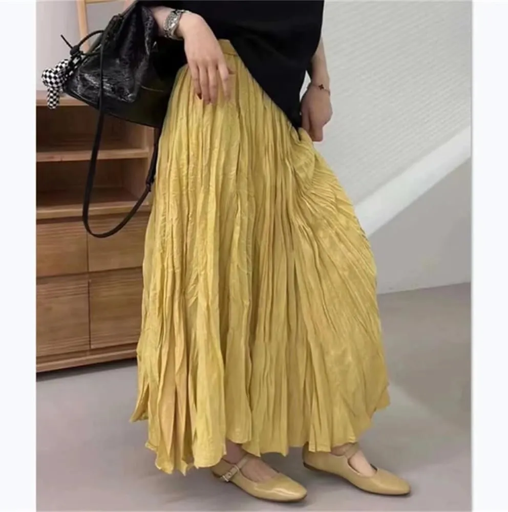 Women's Vintage Solid Pleated Long Skirts Summer High Waist Casual Loose Straight A-Line Skirt