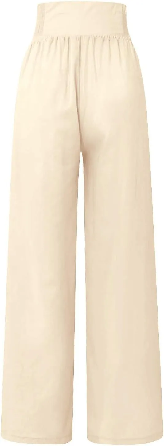 Womens Wide Leg Linen Pants High Waist Summer Casual Baggy Lounge Slacks Beach Boho Lightweight Trousers with Pockets