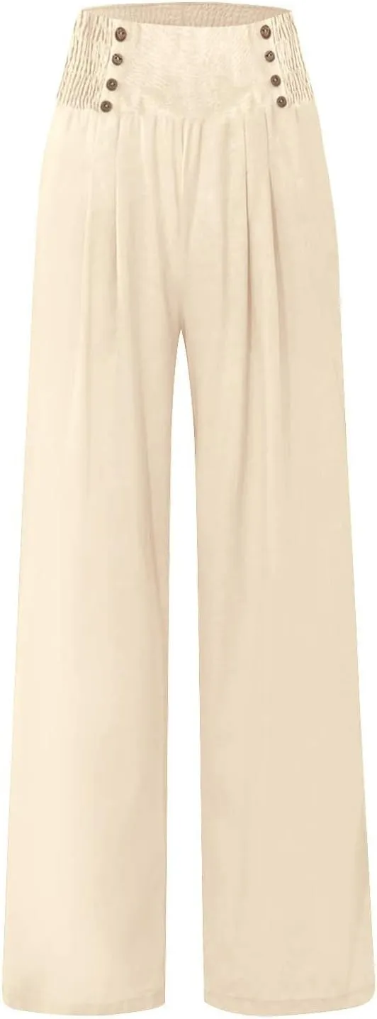 Womens Wide Leg Linen Pants High Waist Summer Casual Baggy Lounge Slacks Lightweight Beach Boho Trousers with Pockets