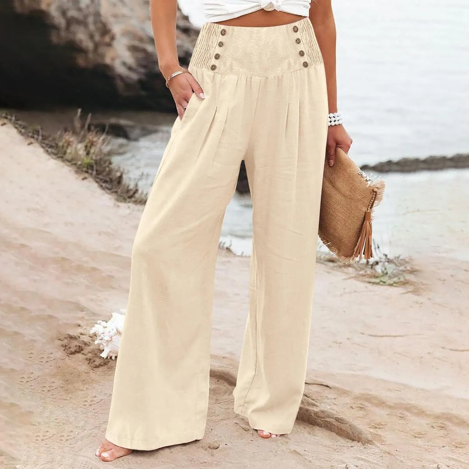 Womens Wide Leg Linen Pants High Waist Summer Casual Baggy Lounge Slacks Lightweight Beach Boho Trousers with Pockets