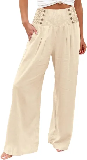 Womens Wide Leg Linen Pants High Waist Summer Casual Baggy Lounge Slacks Lightweight Beach Boho Trousers with Pockets