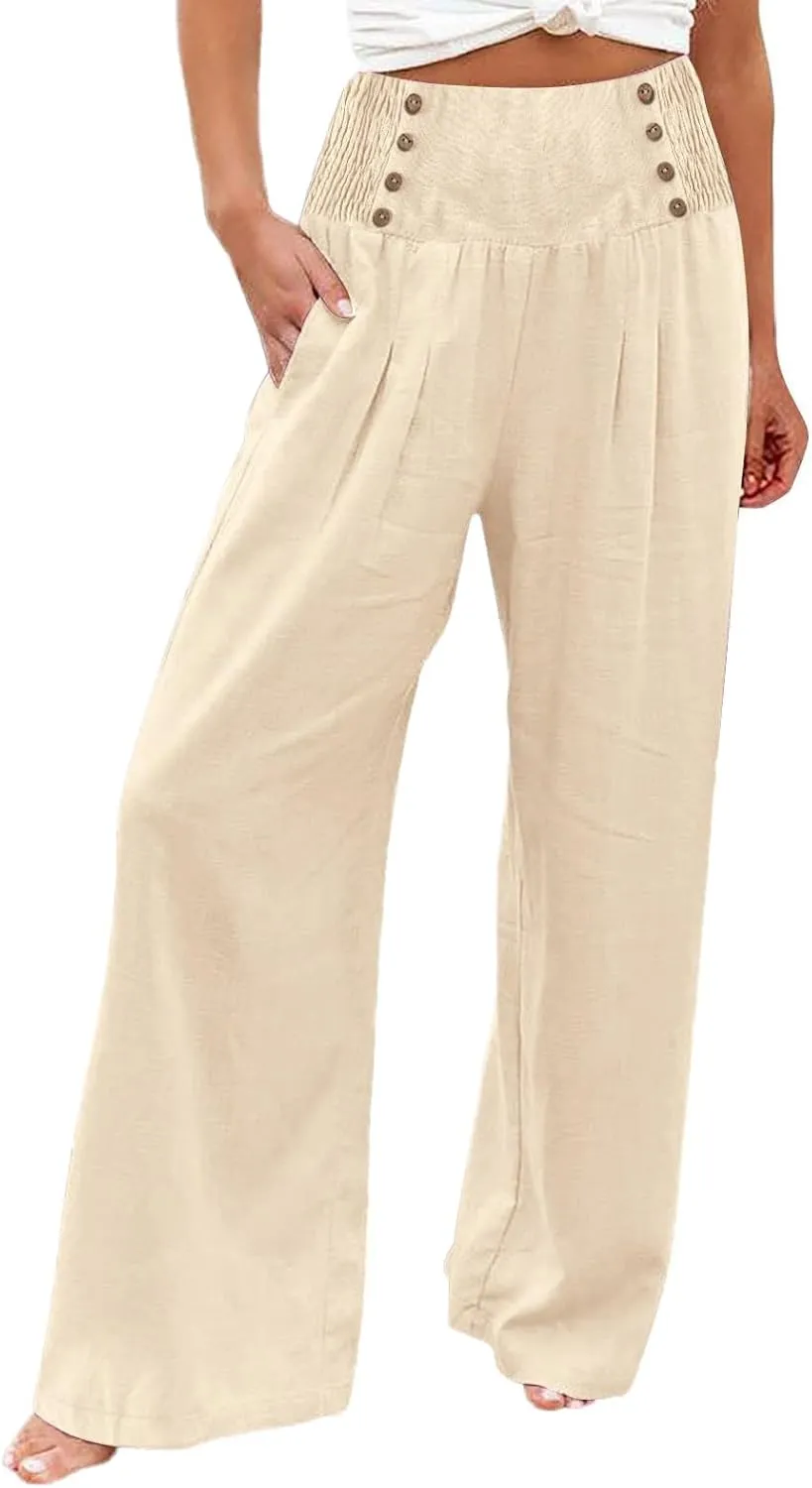 Womens Wide Leg Linen Pants High Waist Summer Casual Baggy Lounge Slacks Lightweight Beach Boho Trousers with Pockets