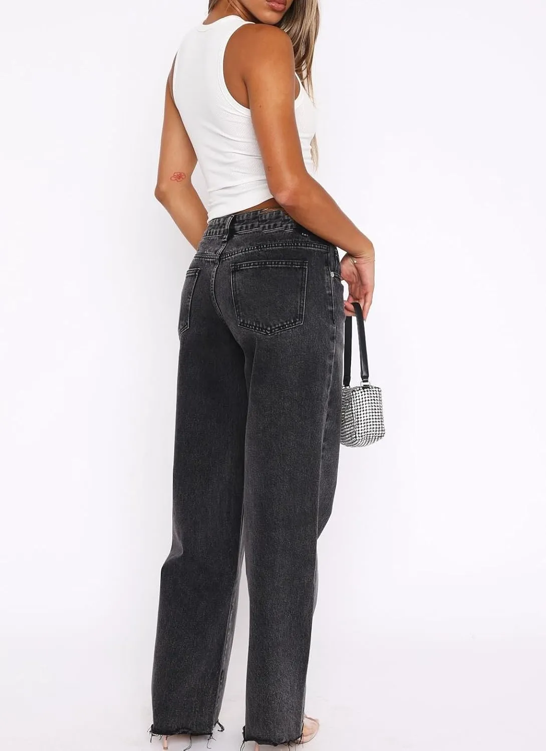 Women's Wide Straight Leg Jeans Mid Low Waist Baggy Frayed Raw Hem Loose Boyfriends Denim Pants Casual Trousers