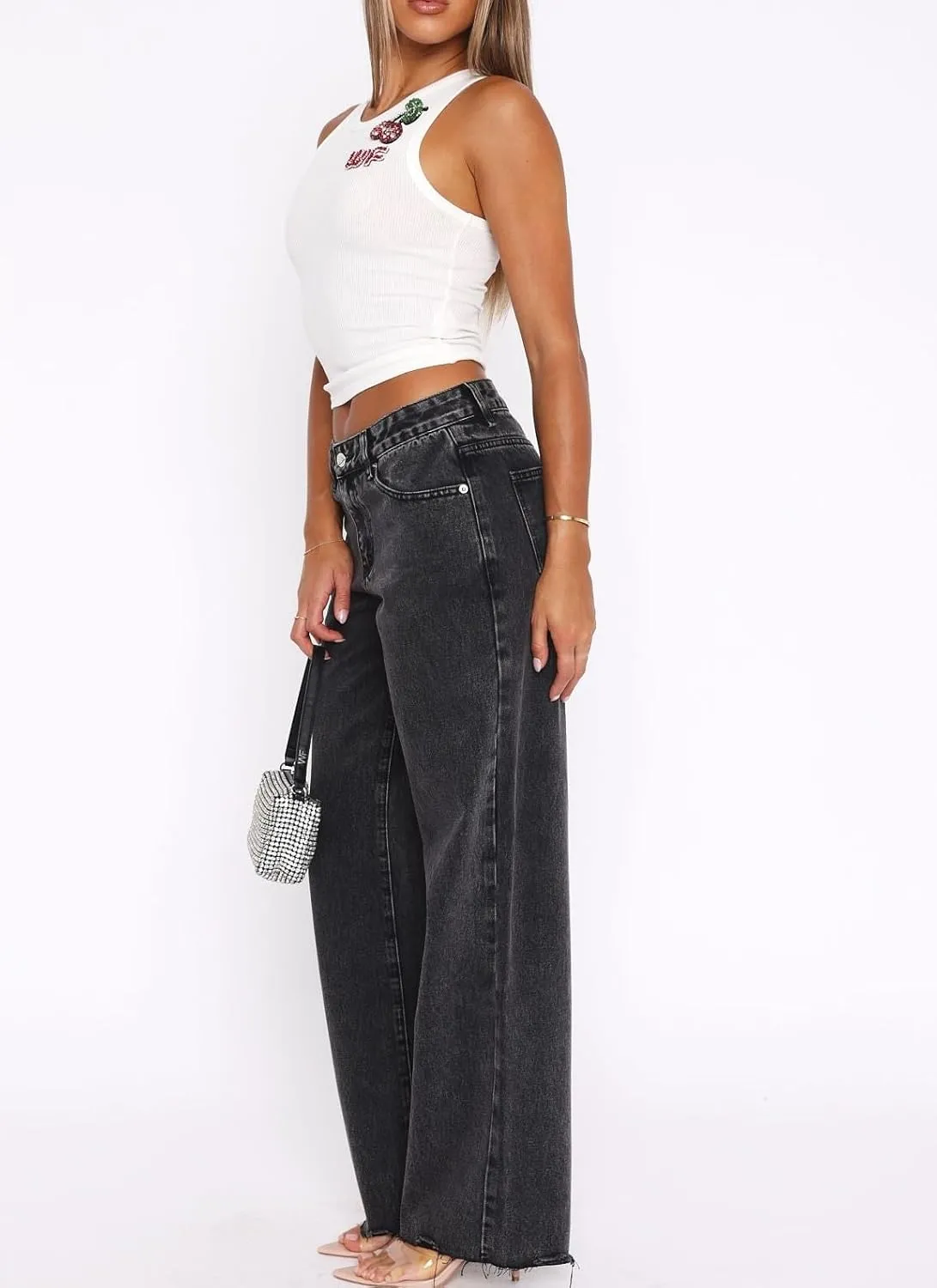 Women's Wide Straight Leg Jeans Mid Low Waist Baggy Frayed Raw Hem Loose Boyfriends Denim Pants Casual Trousers