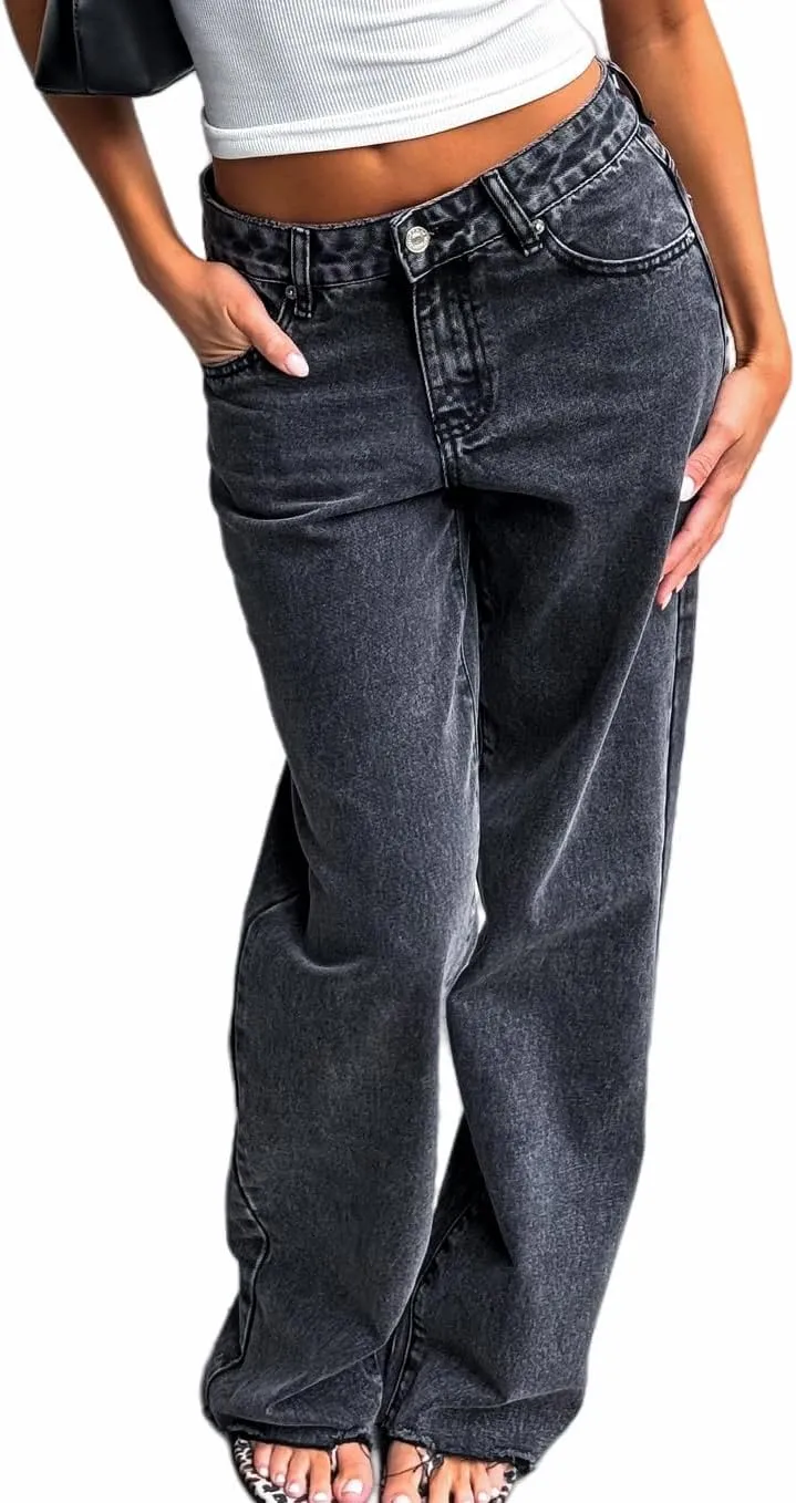 Women's Wide Straight Leg Jeans Mid Low Waist Baggy Frayed Raw Hem Loose Boyfriends Denim Pants Casual Trousers