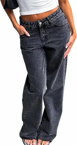 Women's Wide Straight Leg Jeans Mid Low Waist Baggy Frayed Raw Hem Loose Boyfriends Denim Pants Casual Trousers