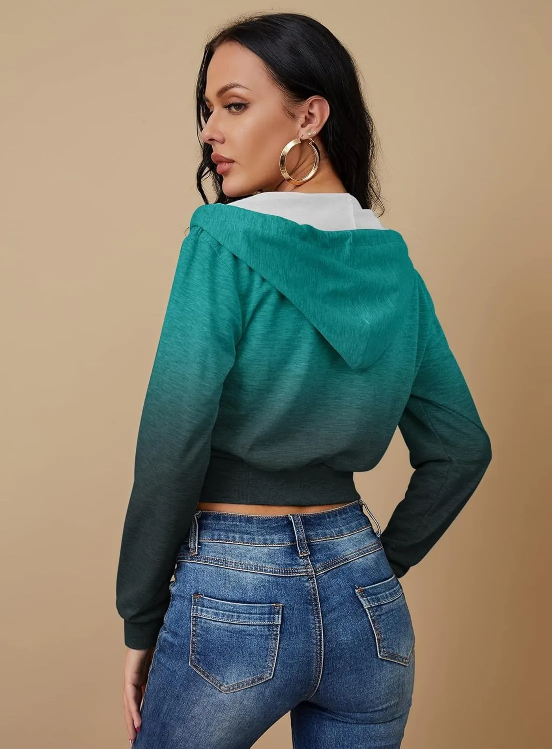 Women's Zip Up Hoodies Cropped Cardigan Jacket Drawstring Hooded Sweatshirts Casual Long Sleeve Top