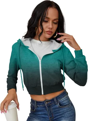 Women's Zip Up Hoodies Cropped Cardigan Jacket Drawstring Hooded Sweatshirts Casual Long Sleeve Top