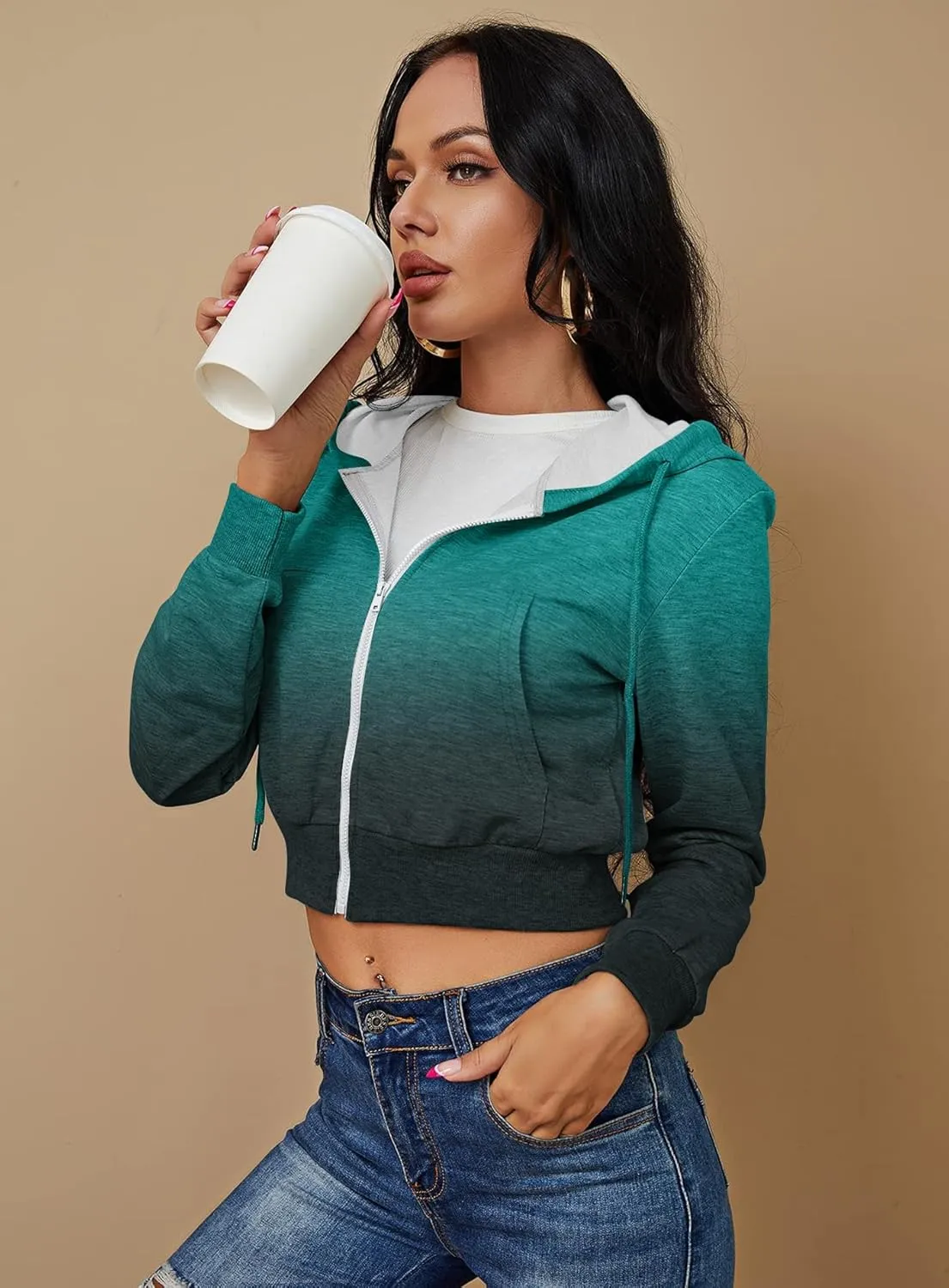 Women's Zip Up Hoodies Cropped Cardigan Jacket Drawstring Hooded Sweatshirts Casual Long Sleeve Top