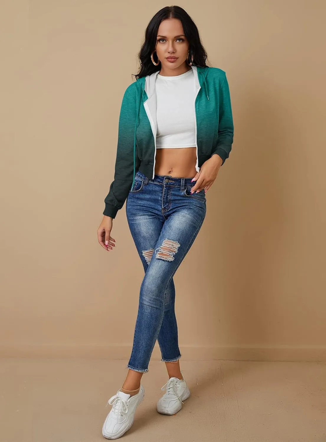 Women's Zip Up Hoodies Cropped Cardigan Jacket Drawstring Hooded Sweatshirts Casual Long Sleeve Top