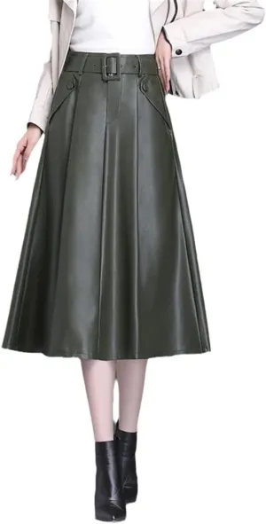 Wvapzxx PU Leather Skirt Women Autumn Winter A-Line High Waist Pleated Skirt Steampunk Umbrella Midi Skirts