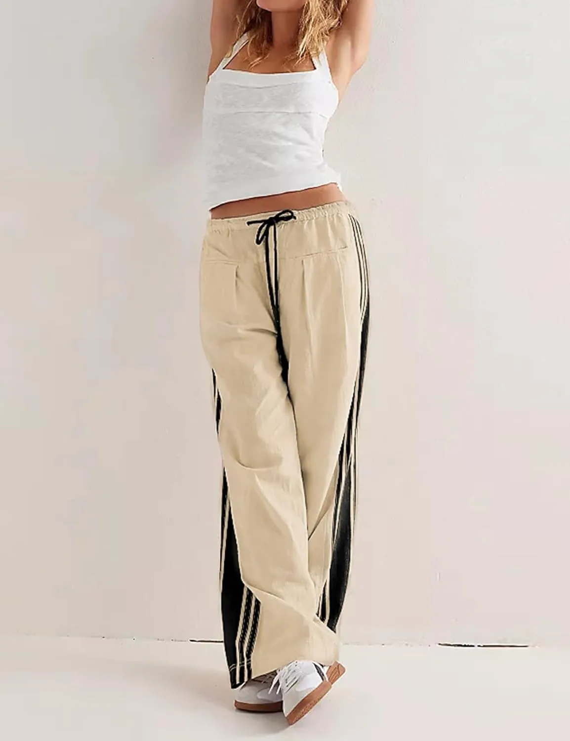 Wyeysyt Womens Wide Leg Pants Drawstring High Rise Palazzo Pants Side Striped Baggy Track Pants with Pockets