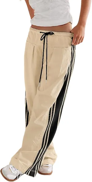 Wyeysyt Womens Wide Leg Pants Drawstring High Rise Palazzo Pants Side Striped Baggy Track Pants with Pockets