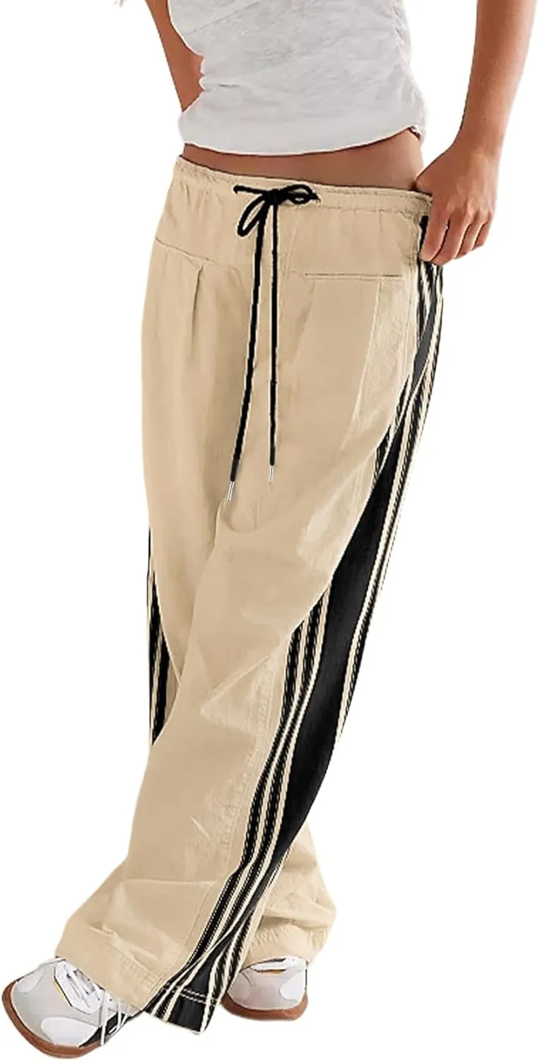 Wyeysyt Womens Wide Leg Pants Drawstring High Rise Palazzo Pants Side Striped Baggy Track Pants with Pockets