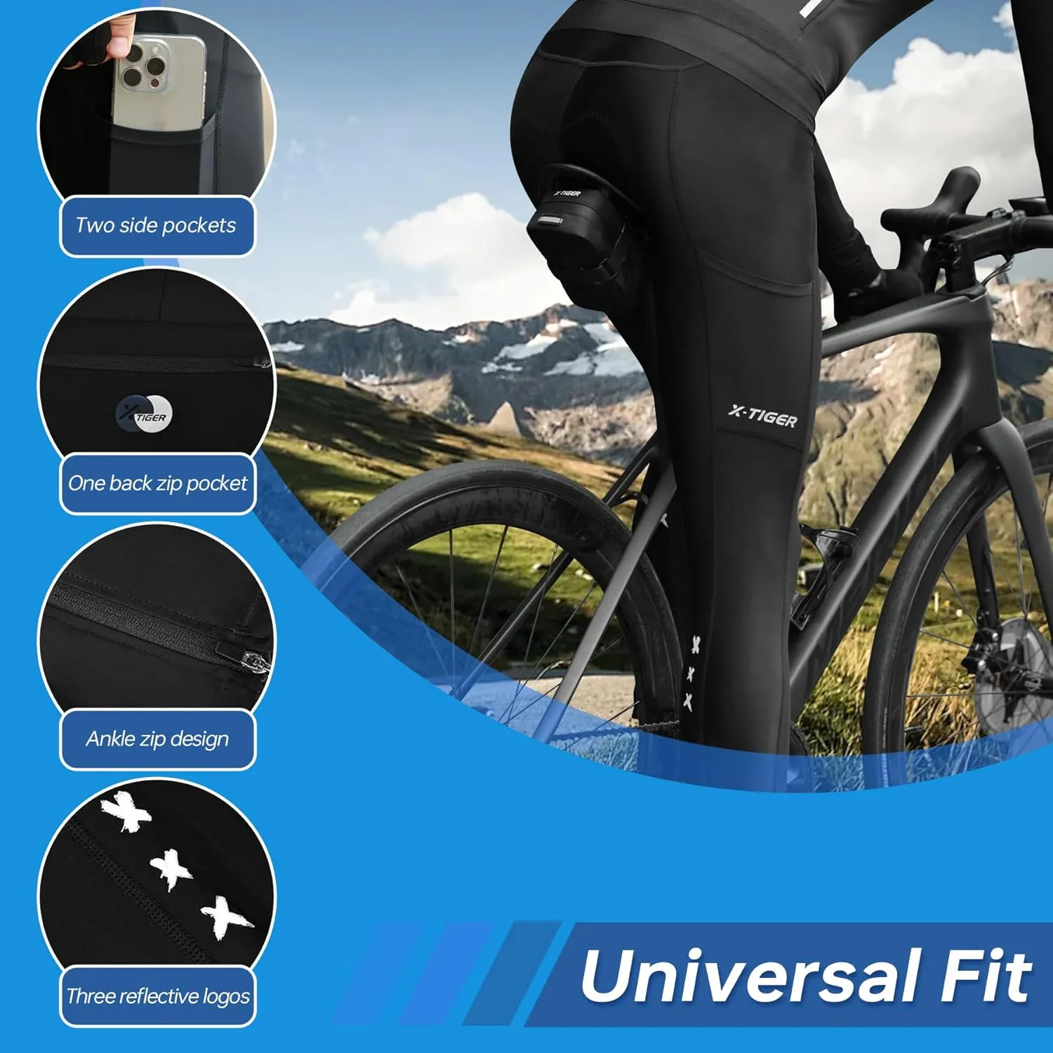 X-TIGER Men's Cycling Bike Pants 5D Padded Bicycle Tights Long Legging Lightweight Biking Mountain Pants with Zipper Pocket