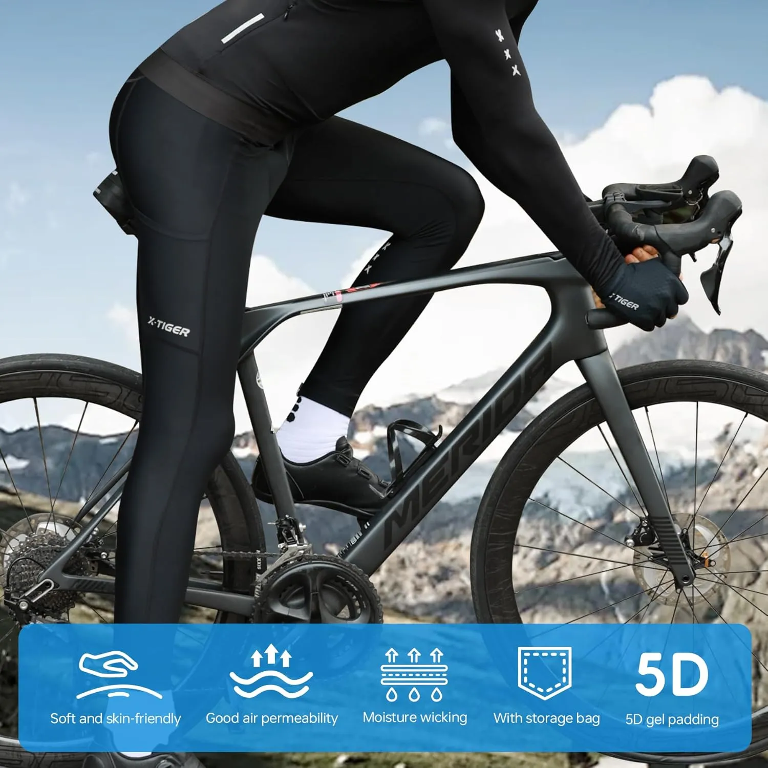X-TIGER Men's Cycling Bike Pants 5D Padded Bicycle Tights Long Legging Lightweight Biking Mountain Pants with Zipper Pocket