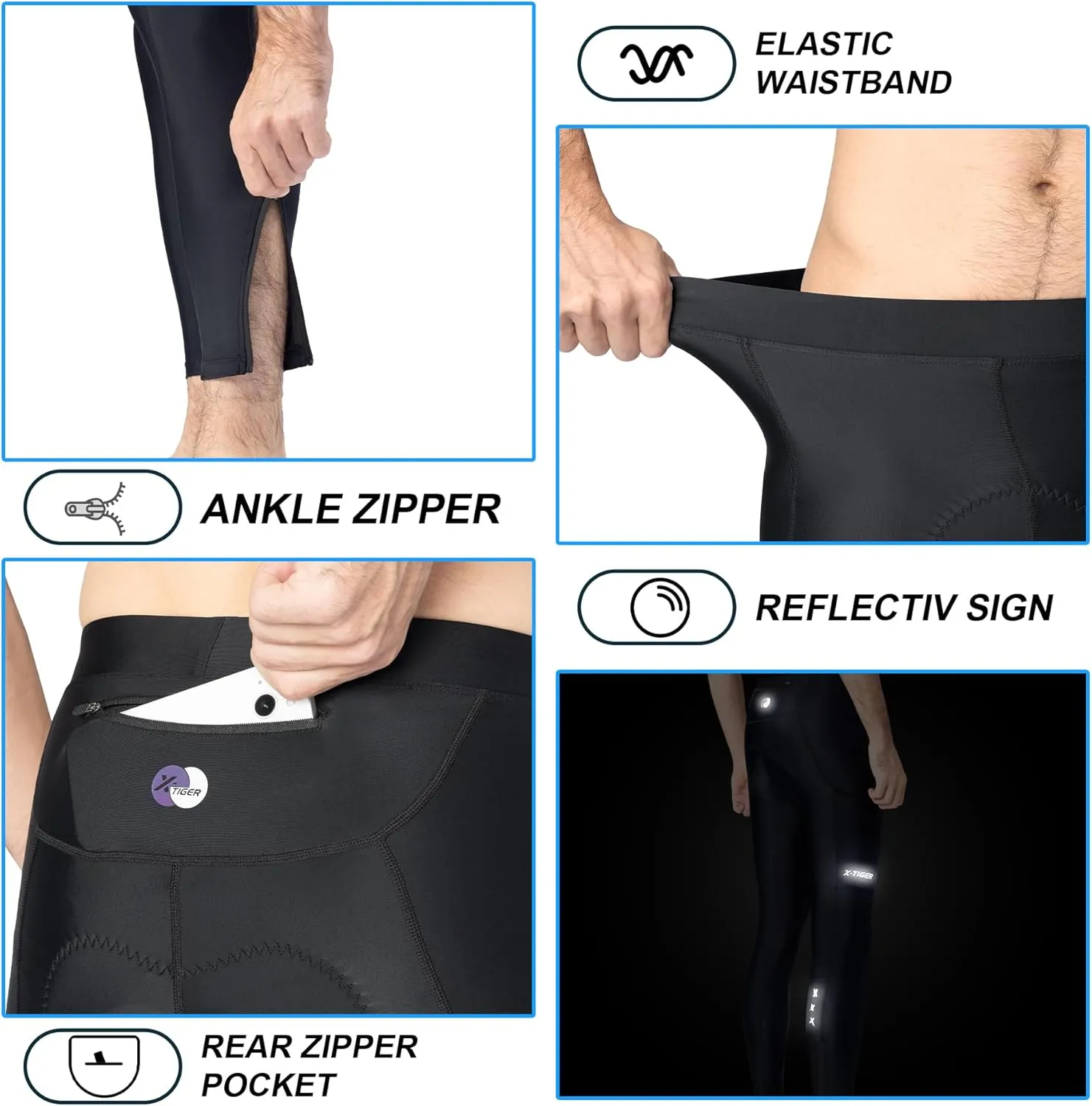 X-TIGER Men's Cycling Bike Pants 5D Padded Bicycle Tights Long Legging Lightweight Biking Mountain Pants with Zipper Pocket