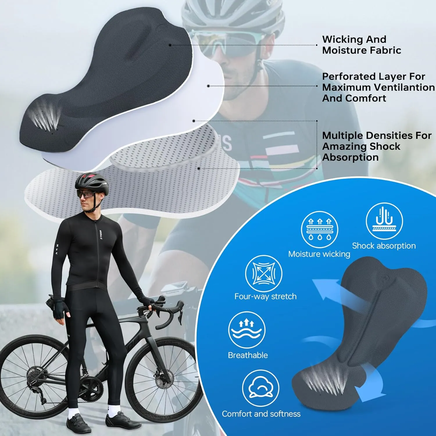 X-TIGER Men's Cycling Bike Pants 5D Padded Bicycle Tights Long Legging Lightweight Biking Mountain Pants with Zipper Pocket