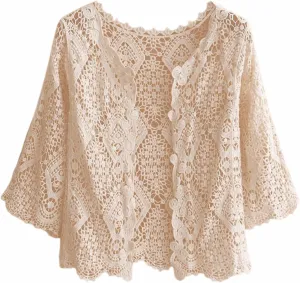 Xunger Womens 3/4 Sleeve Open Front Crochet Knitted Lace Shrug Summer Boho Hollow Cropped Cardigan