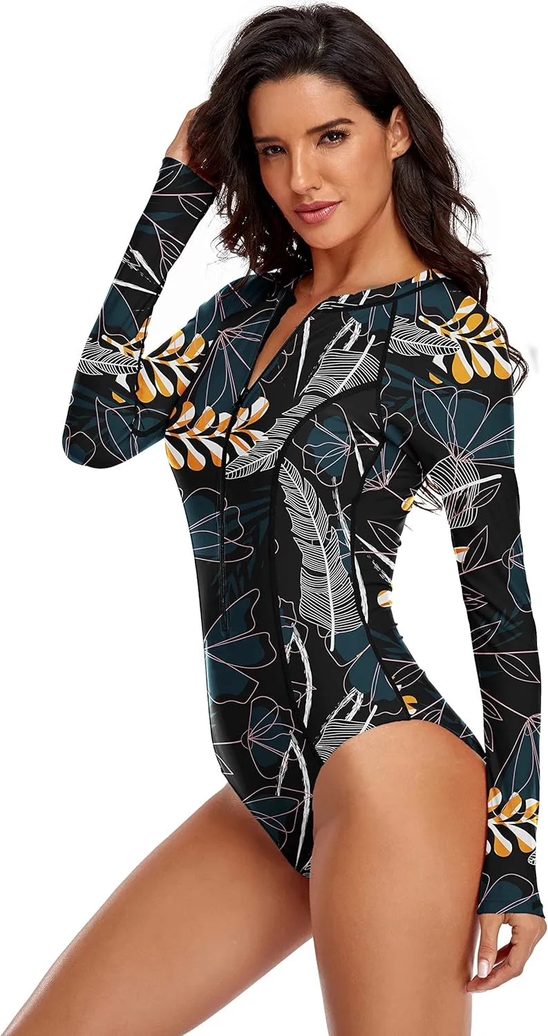 YATEEN Womens Athletic Training Swimsuit Long Sleeve Rashguard