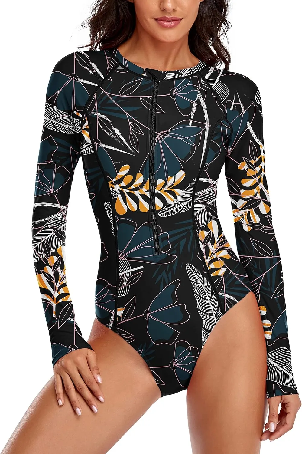 YATEEN Womens Athletic Training Swimsuit Long Sleeve Rashguard