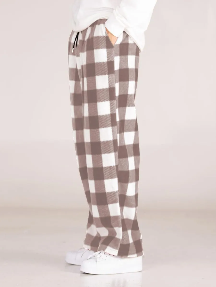 ZAFUL Men's Plaid Print Casual Pants Loose Fit Straight Plush Pajama Pants Fleece Sweatpants Drawstring Waist Lounge Joggers