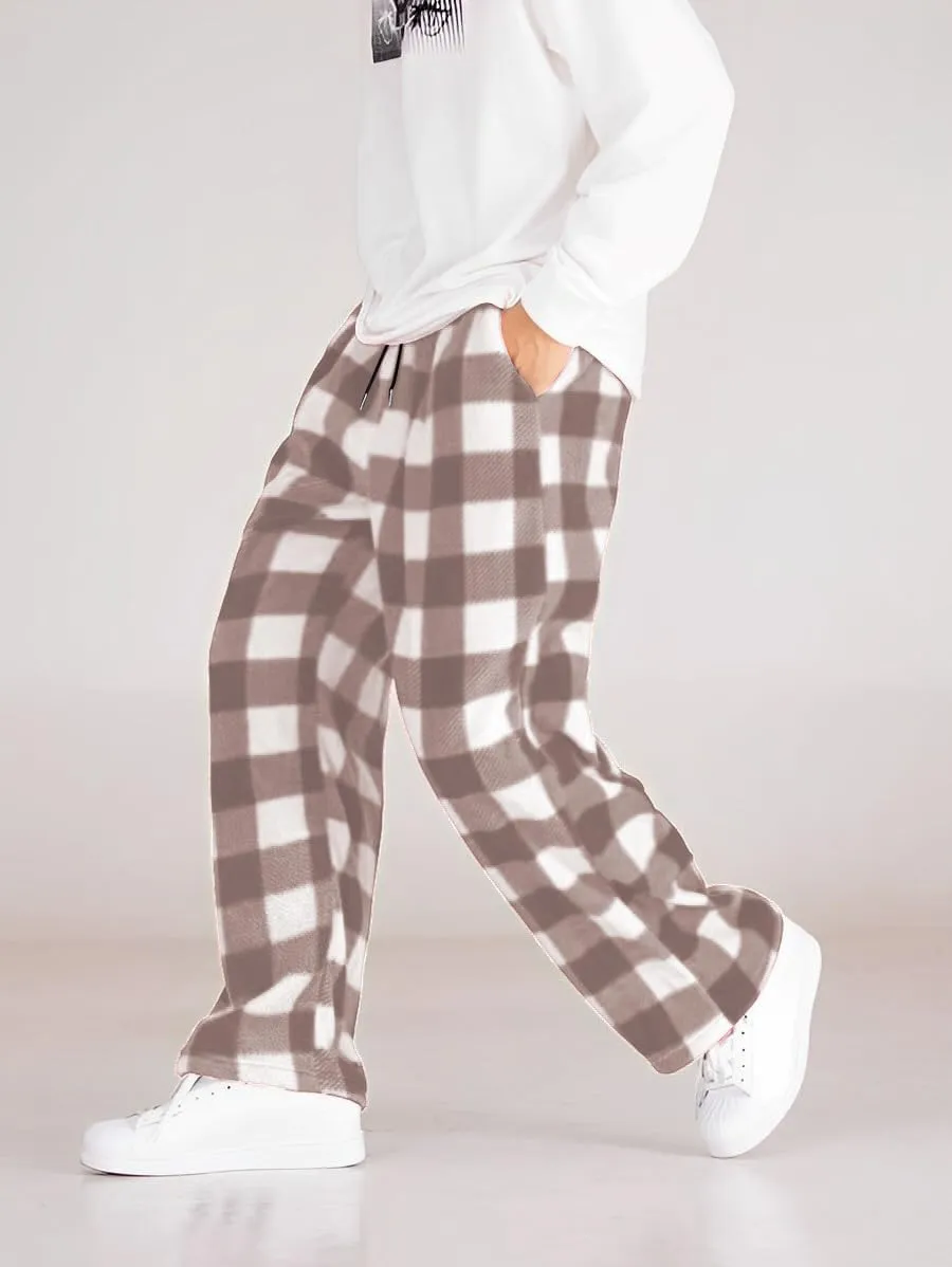 ZAFUL Men's Plaid Print Casual Pants Loose Fit Straight Plush Pajama Pants Fleece Sweatpants Drawstring Waist Lounge Joggers
