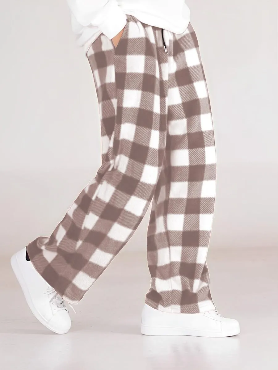 ZAFUL Men's Plaid Print Casual Pants Loose Fit Straight Plush Pajama Pants Fleece Sweatpants Drawstring Waist Lounge Joggers