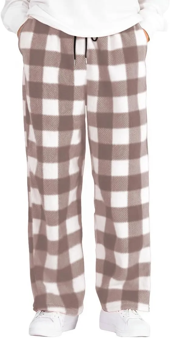 ZAFUL Men's Plaid Print Casual Pants Loose Fit Straight Plush Pajama Pants Fleece Sweatpants Drawstring Waist Lounge Joggers