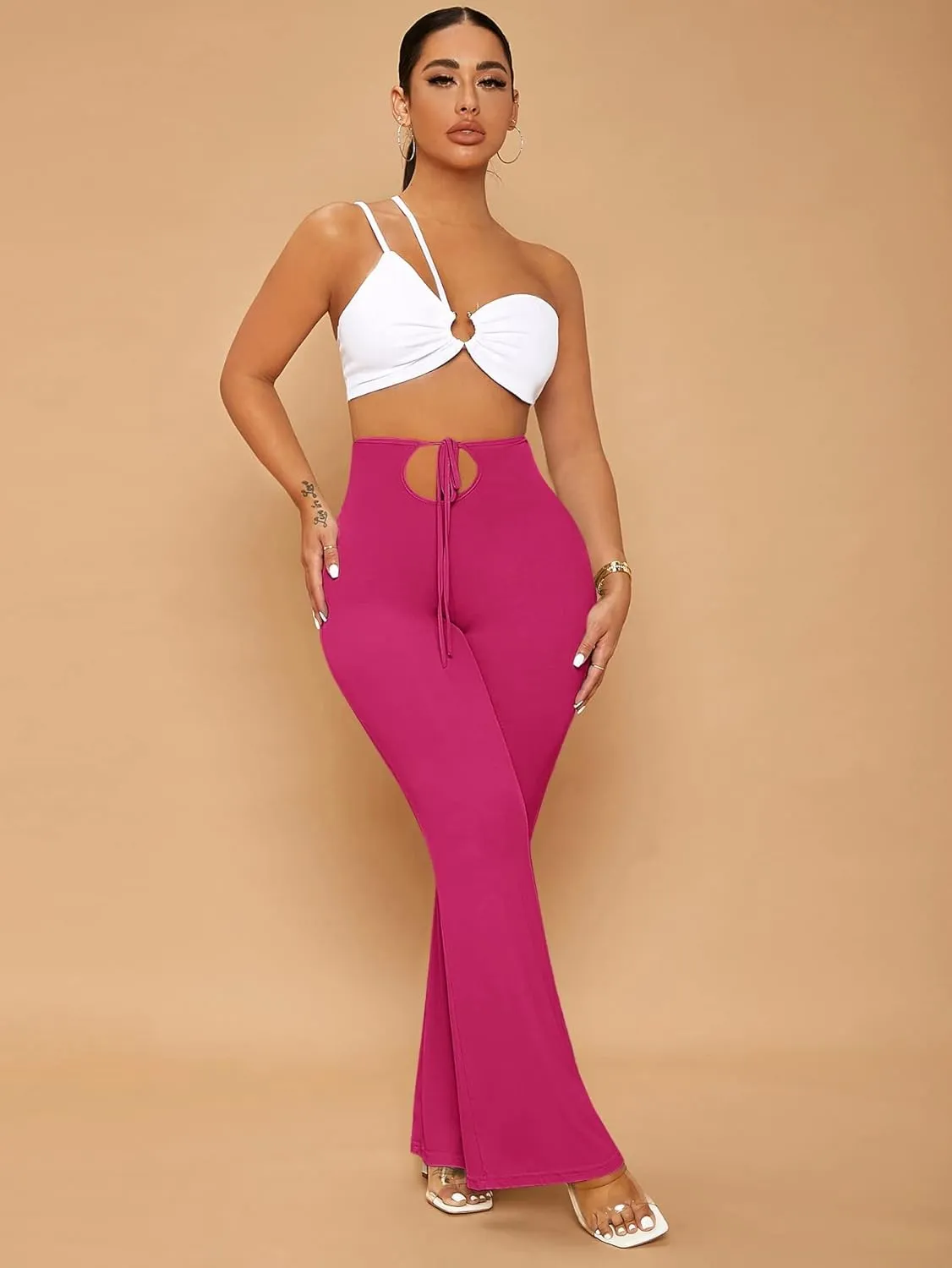 ZARKL Pants for Women - Solid Knot Front Cut Out Flare Leg Pants (Color : Hot Pink, Size : X-Small)