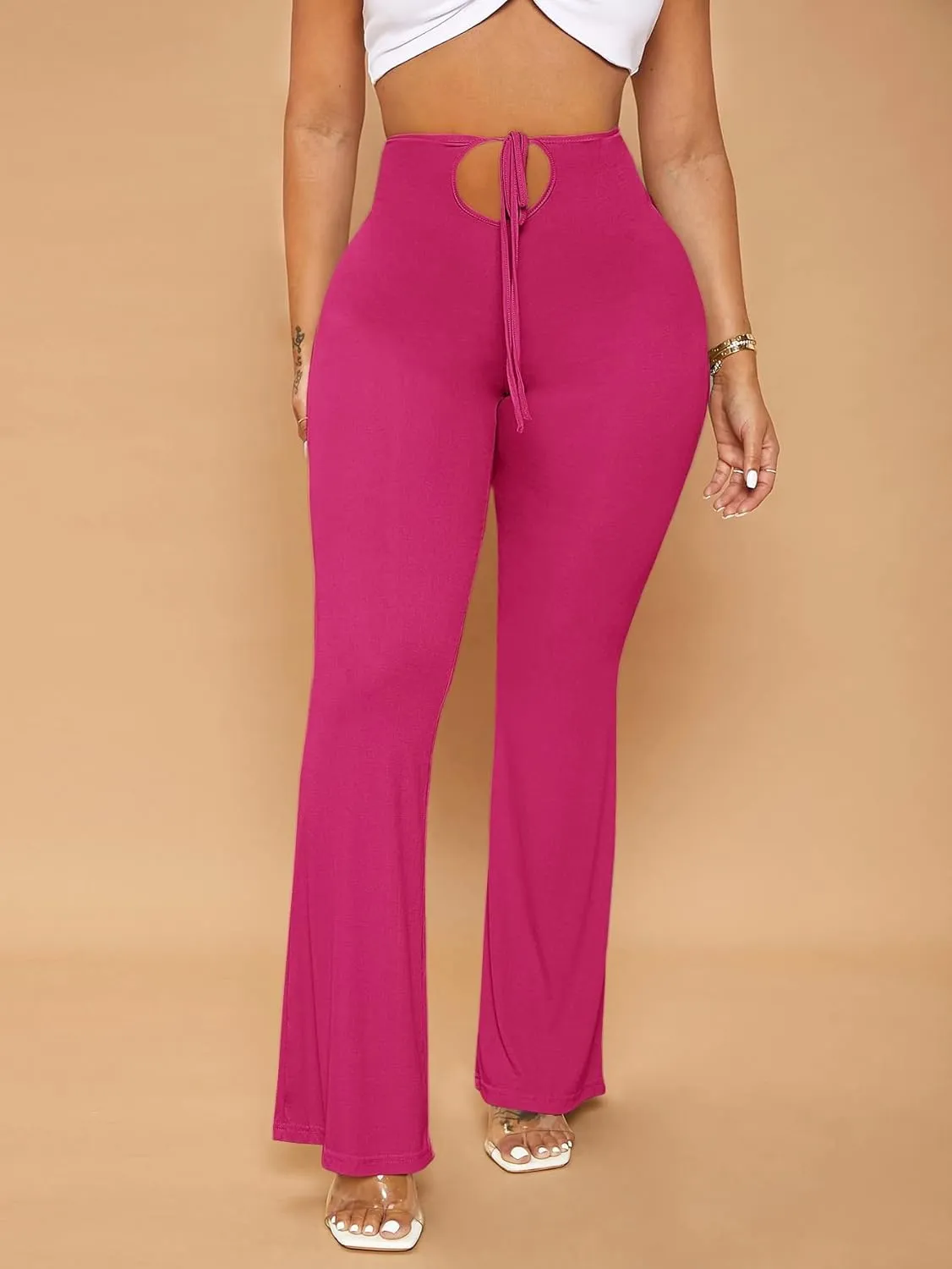 ZARKL Pants for Women - Solid Knot Front Cut Out Flare Leg Pants (Color : Hot Pink, Size : X-Small)