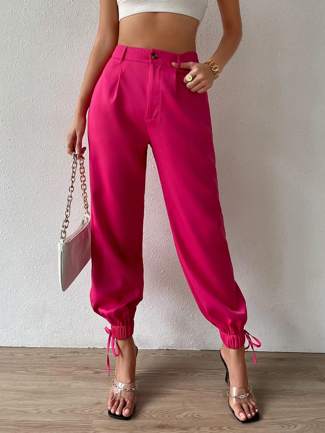 ZARKL Women's Pants Pants for Women High Waist Tie Hem Tapered Pants (Color : Hot Pink, Size : Medium)
