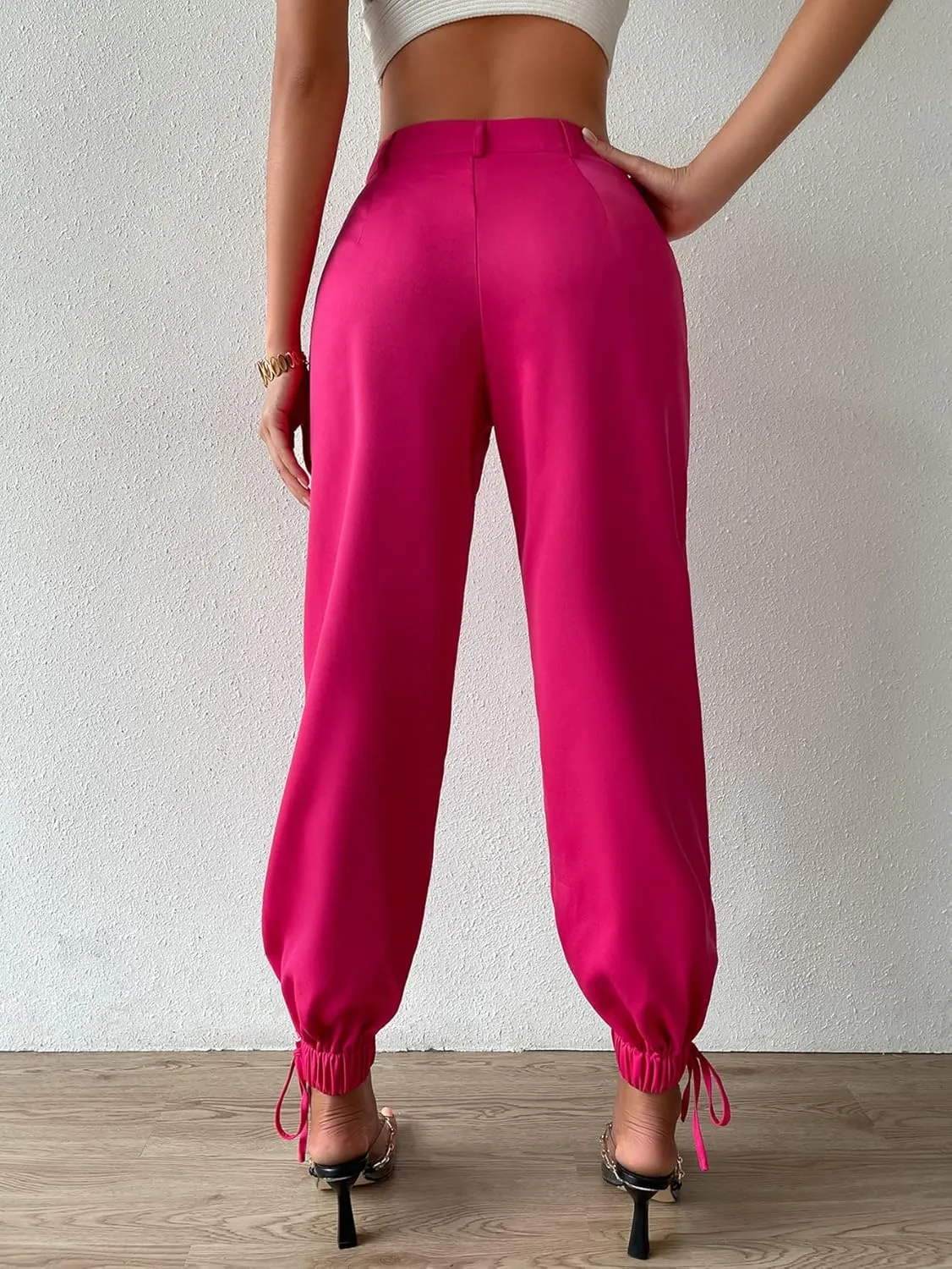 ZARKL Women's Pants Pants for Women High Waist Tie Hem Tapered Pants (Color : Hot Pink, Size : Medium)