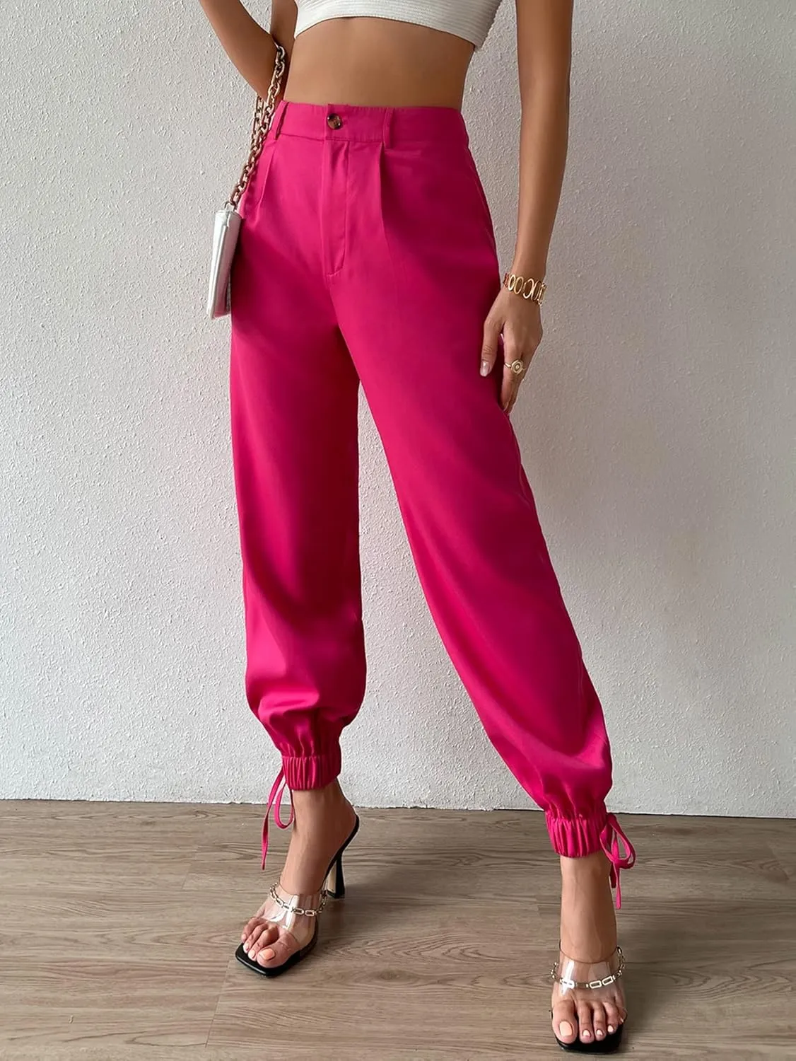 ZARKL Women's Pants Pants for Women High Waist Tie Hem Tapered Pants (Color : Hot Pink, Size : Medium)