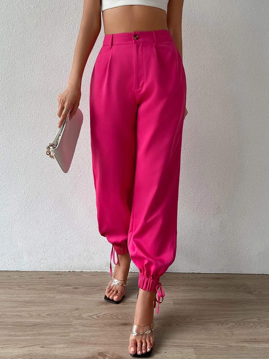 ZARKL Women's Pants Pants for Women High Waist Tie Hem Tapered Pants (Color : Hot Pink, Size : Medium)